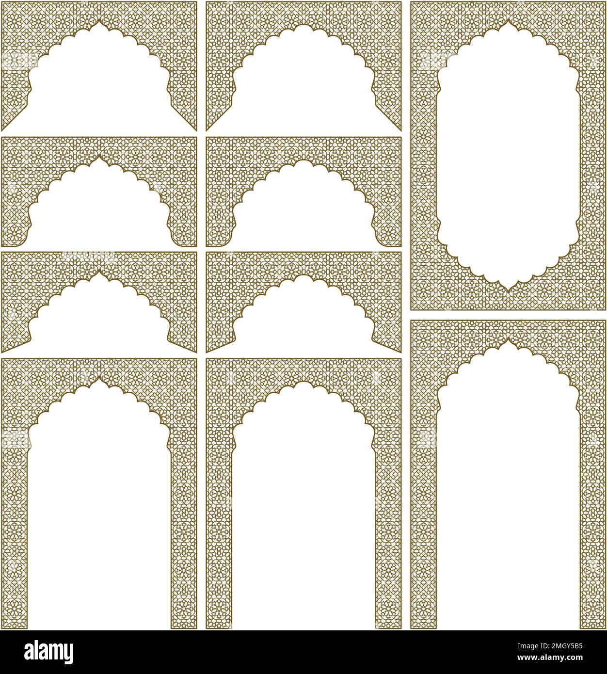 Arches, frames and additional design elements. Arabic geometric ornament.Brown color. Stock Vector