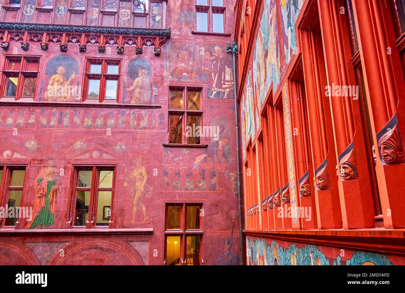 Historical frescoes and stone carvings of Basel Town Hall, Switzerland ...