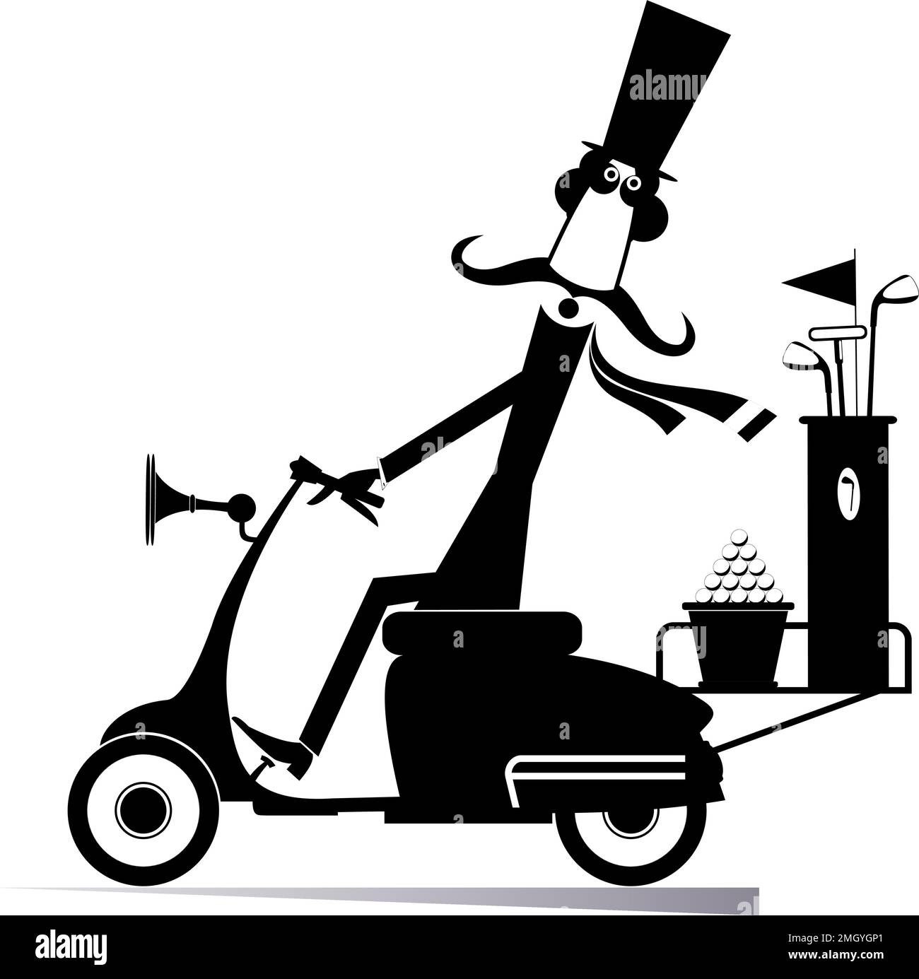 Man on the scooter goes to play golf illustration. Long mustache man in