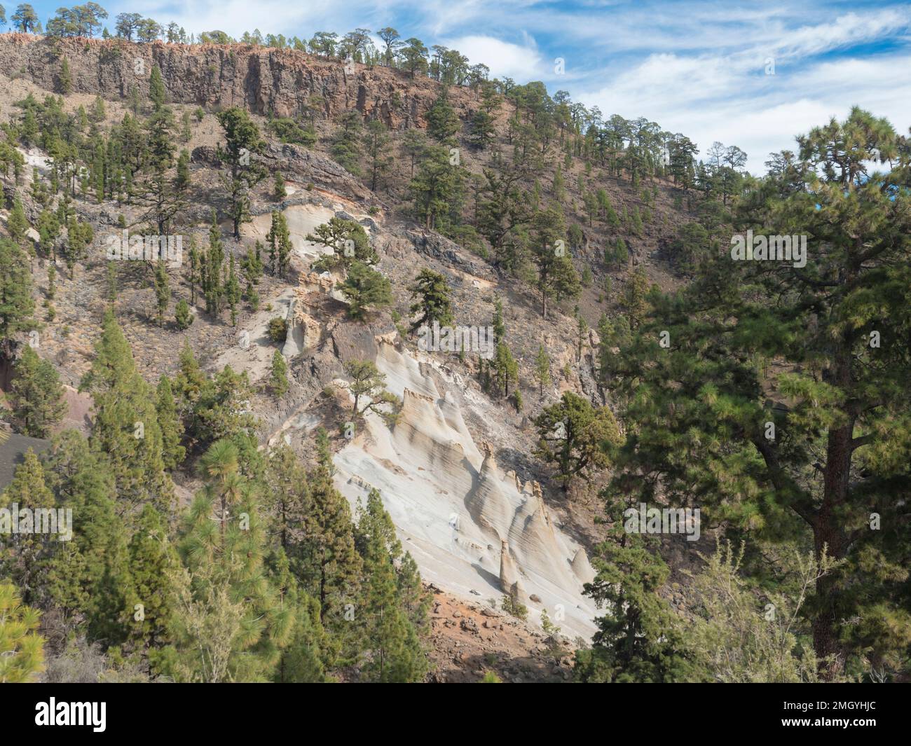 View of small rock city Paisaje Lunar, eroded rock pillars formation in Volcanic landscape with lush green pine tree forest. Tenerife Canary islands Stock Photo