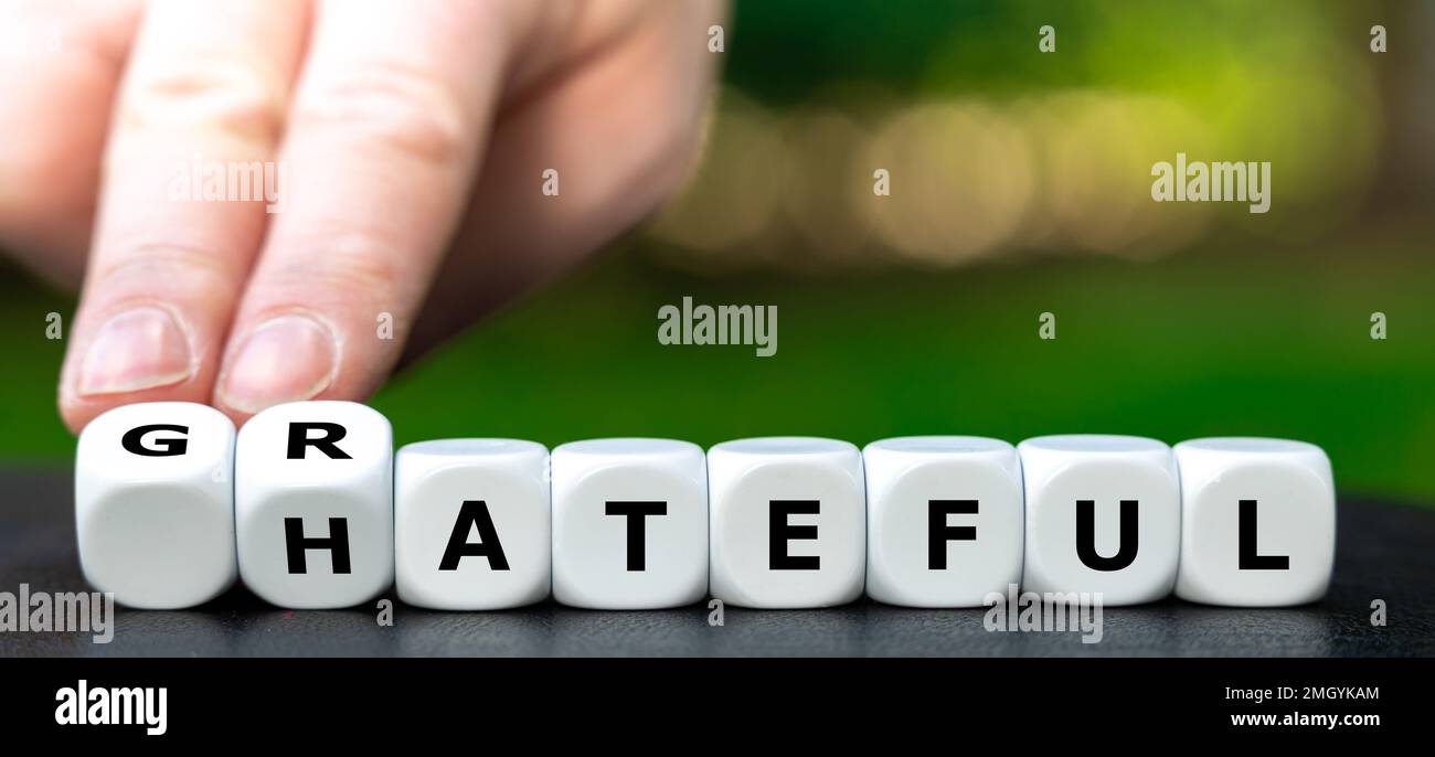Hand turns dice and changes the word hateful to grateful. Stock Photo
