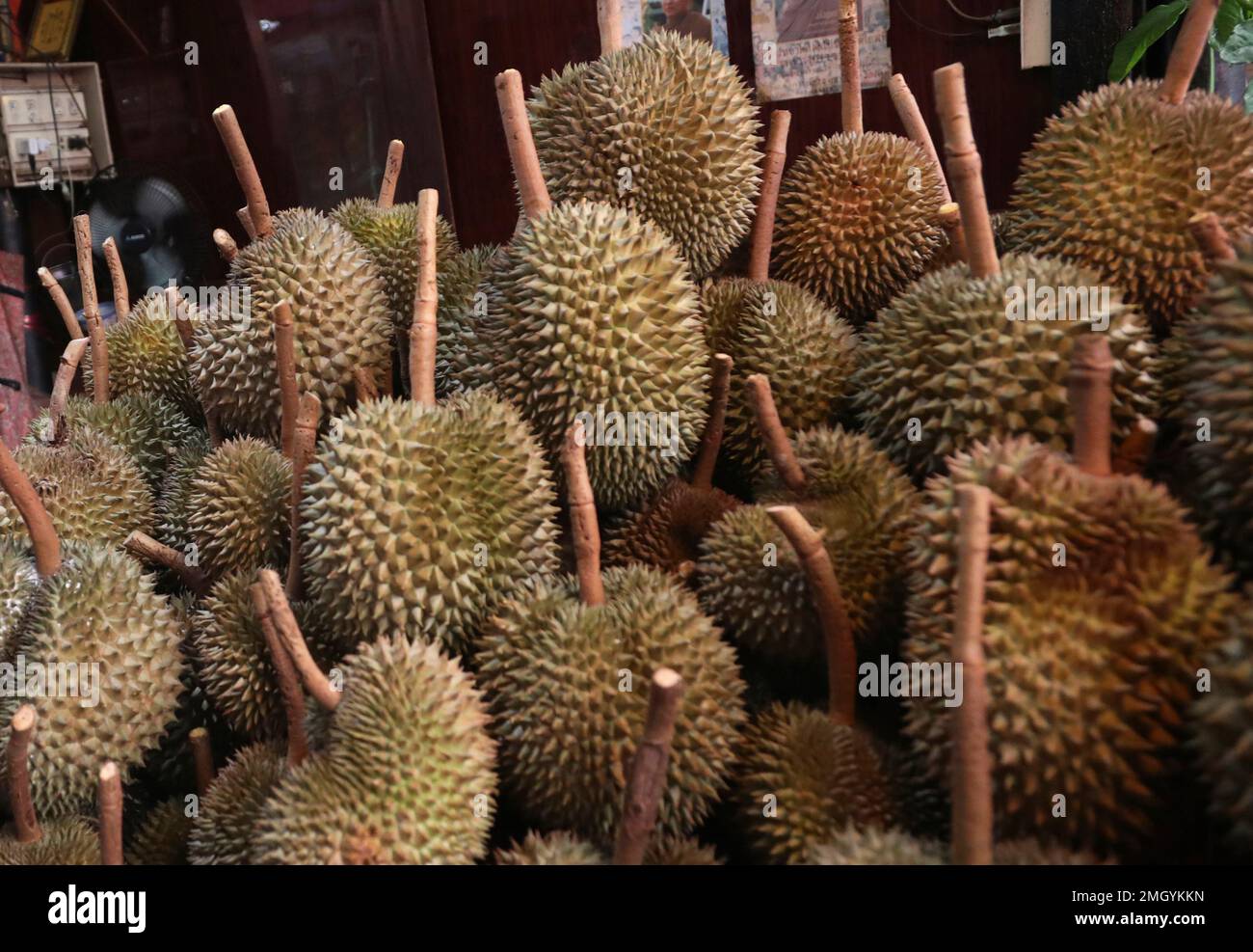 FILE This Sept. 3, 2019, file photo shows durians for sale in Bangkok