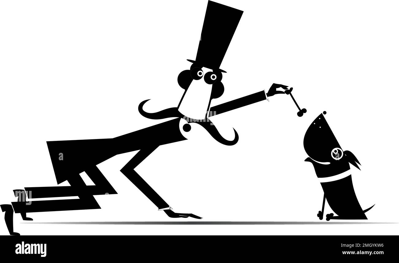 Funny man in the top hat feeds a dog.  Cartoon long mustache gentleman in the top kneeling to give a dog a bone. Black on white background Stock Vector