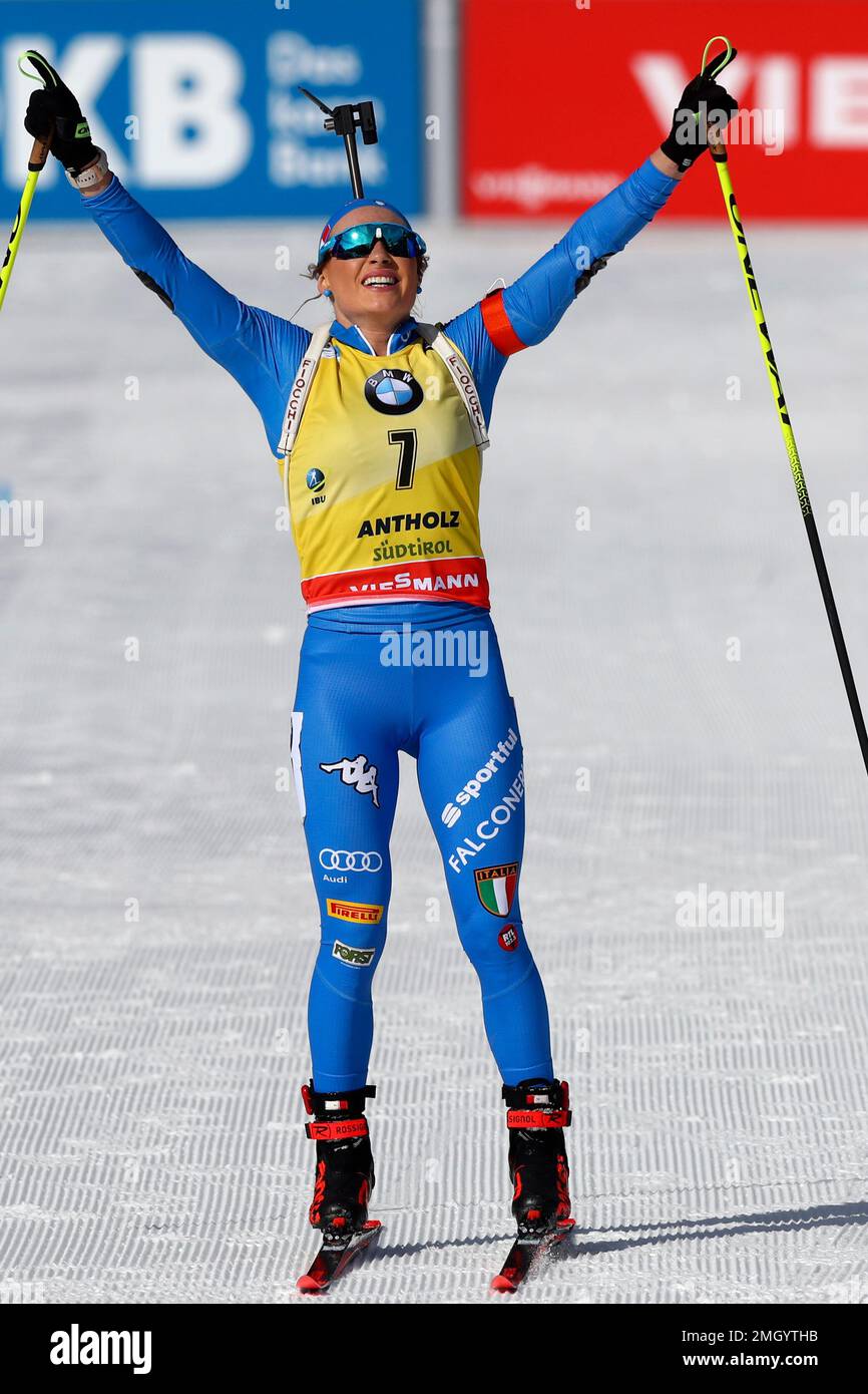 Italys Dorothea Wierer celebrates after winning the womens 10 km Pursuit competition at the Biathlon World Championships in Antholz, Italy, Sunday, Feb