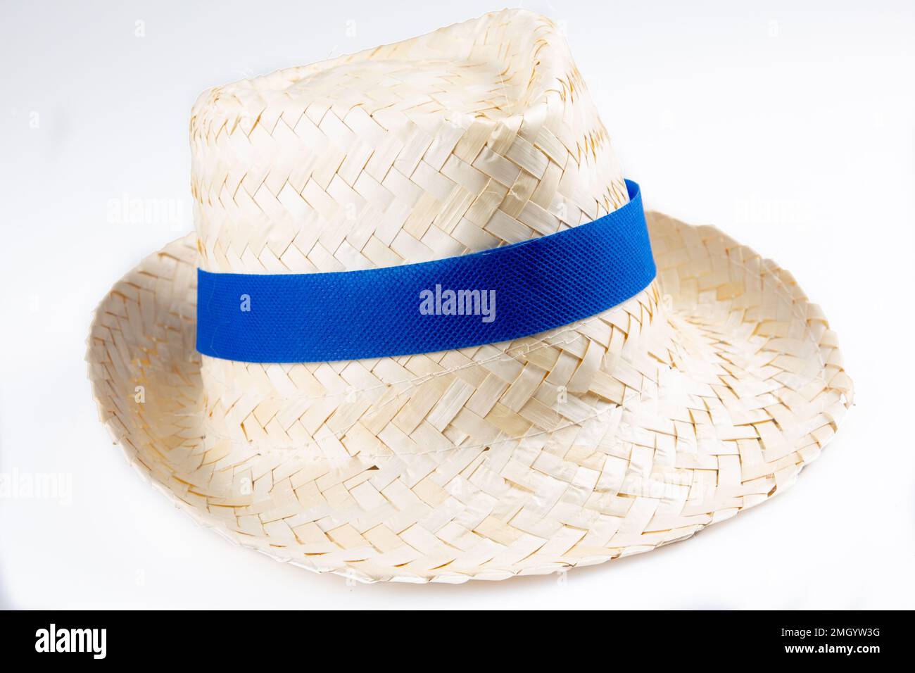 straw hat isolated blue ribbon band on a white background Stock Photo