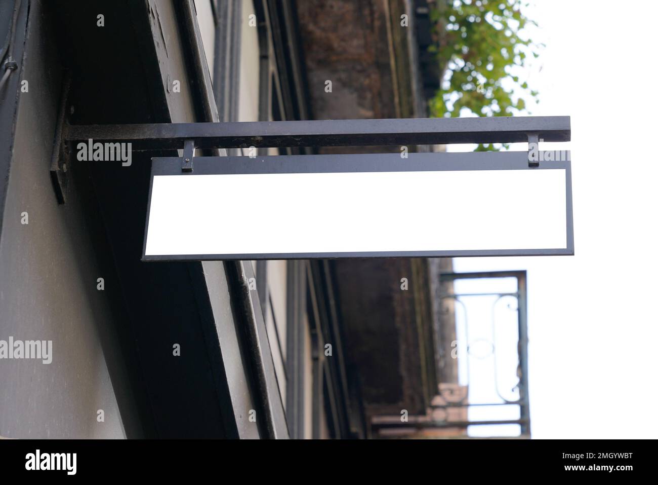 Empty large signage white blank mock up horizontal hanging on street ...