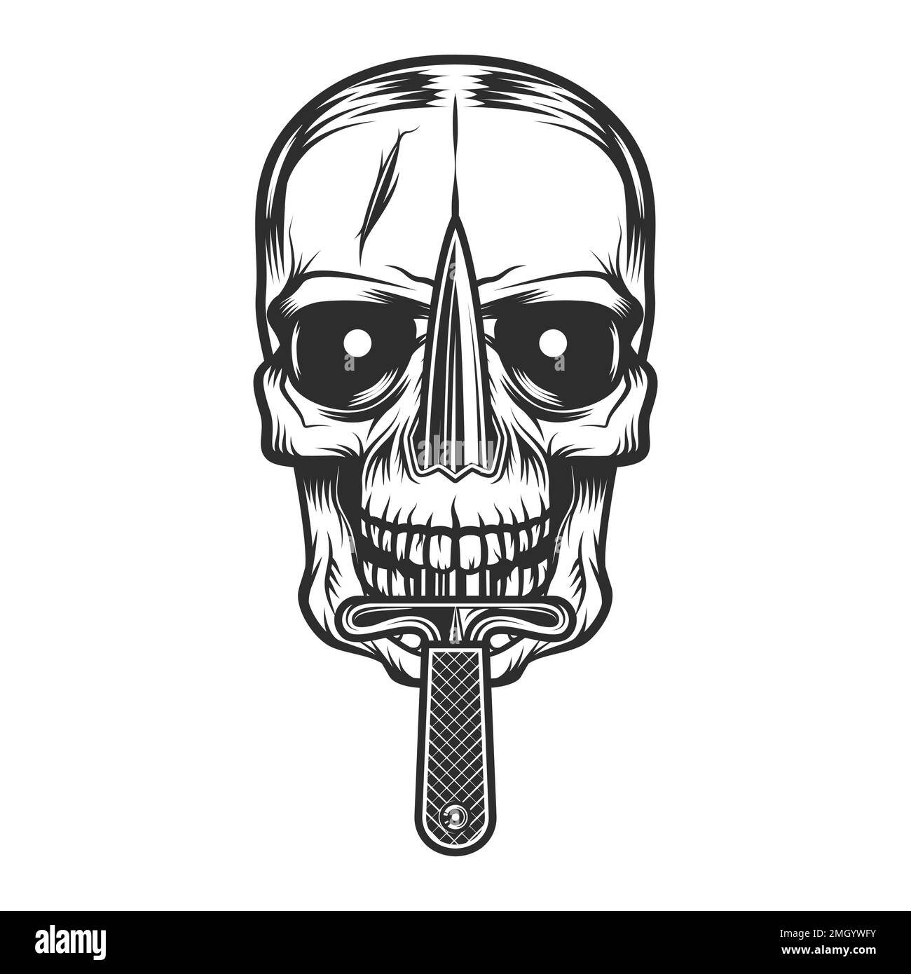 Concept with skull pierced with knife in vintage monochrome style