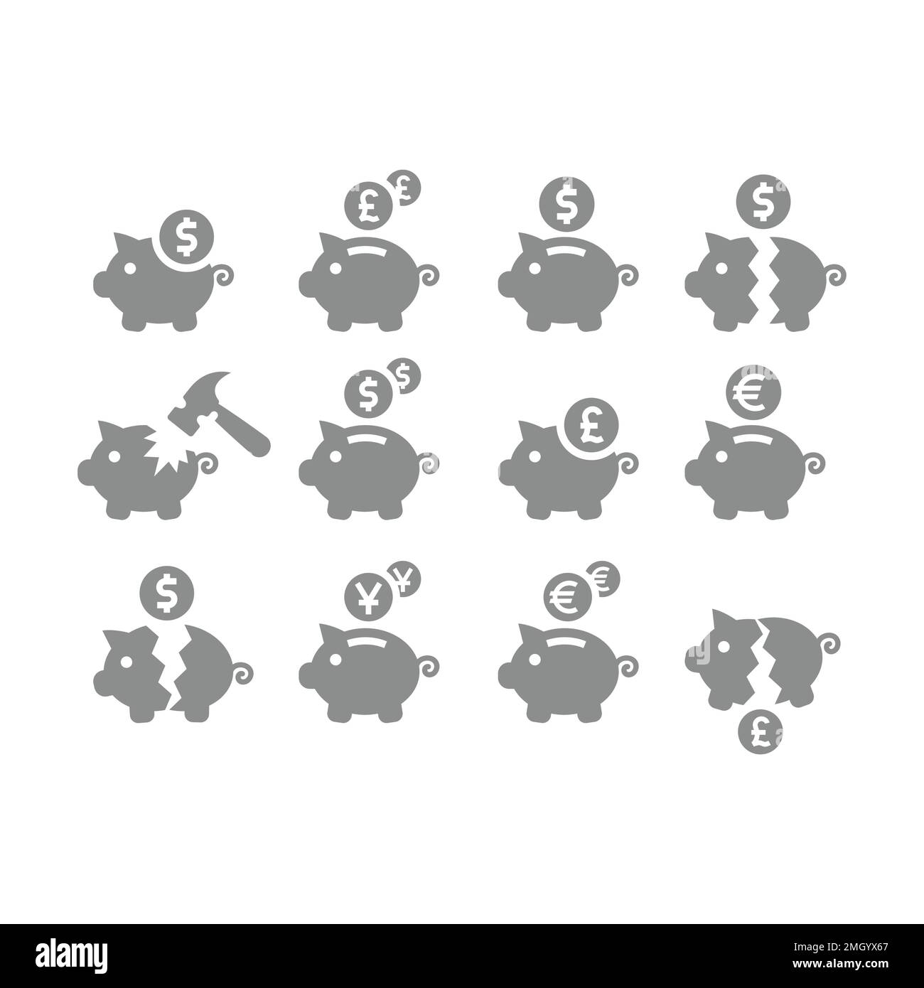 Broken piggy bank with hammer vector icon set. Inflation and money with dollar, yuan, pound and euro. Stock Vector