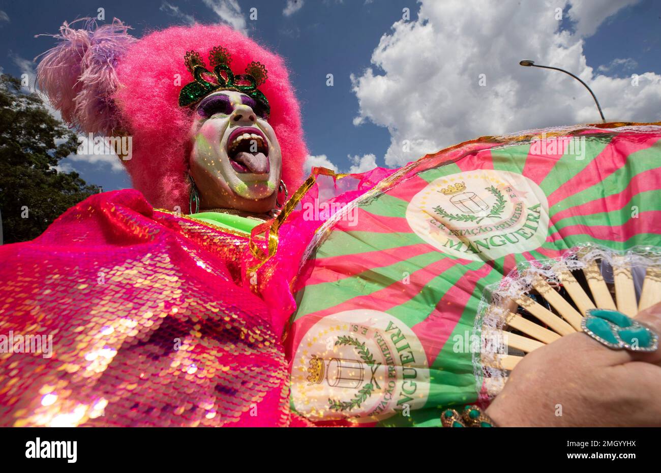A reveler in costume strikes a pose during the Bicho Maluco Beleza carnival  \, image size:1300x931