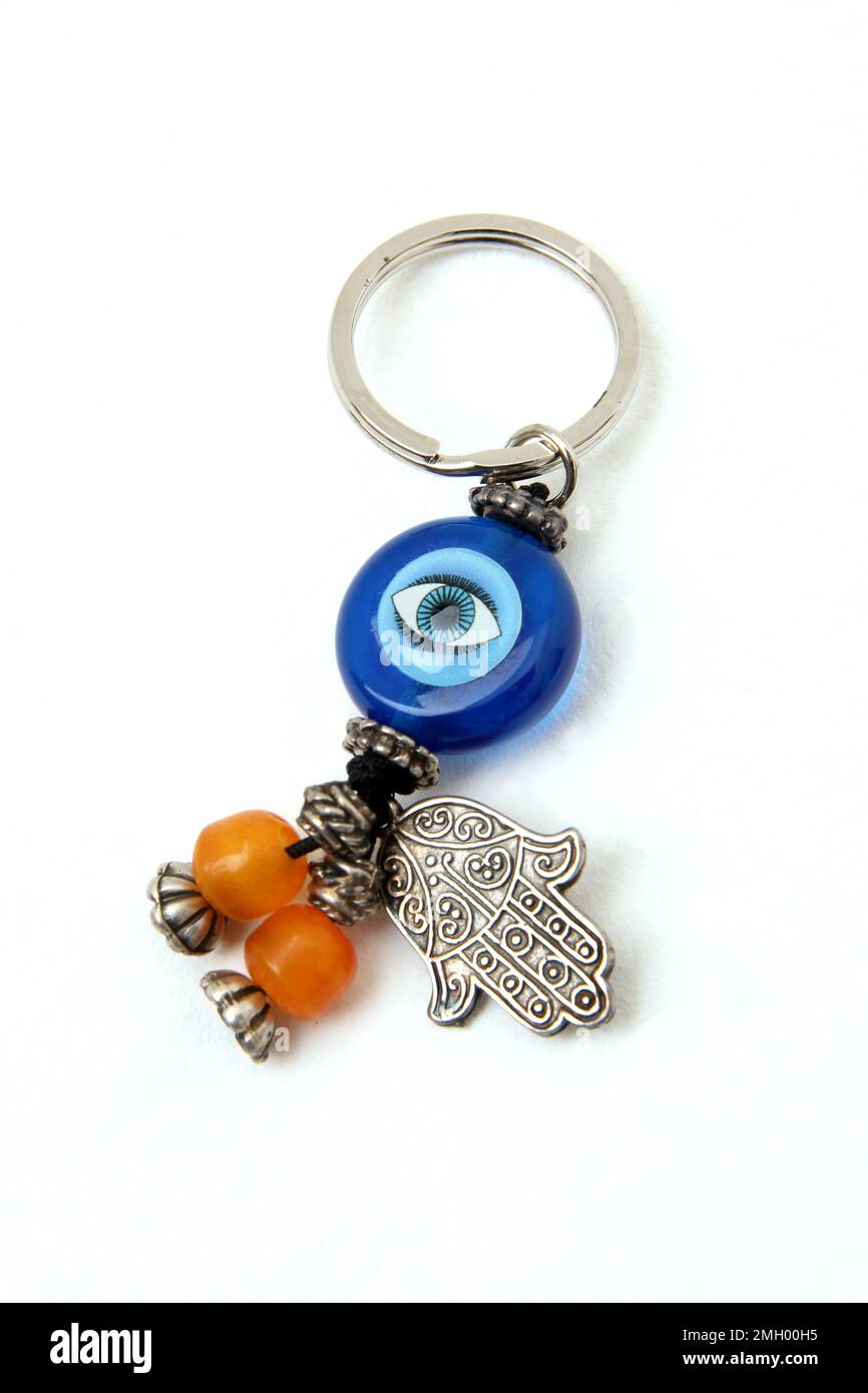 Greek Nazars on Keyring with Hamsa Used for Protection against the Evil Eye Stock Photo