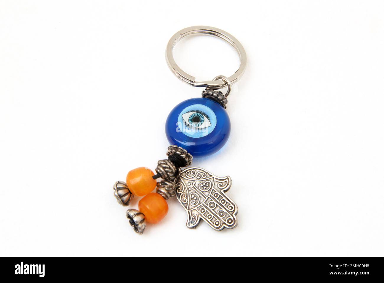 Greek Nazars on Keyring with Hamsa Used for Protection against the Evil Eye Stock Photo