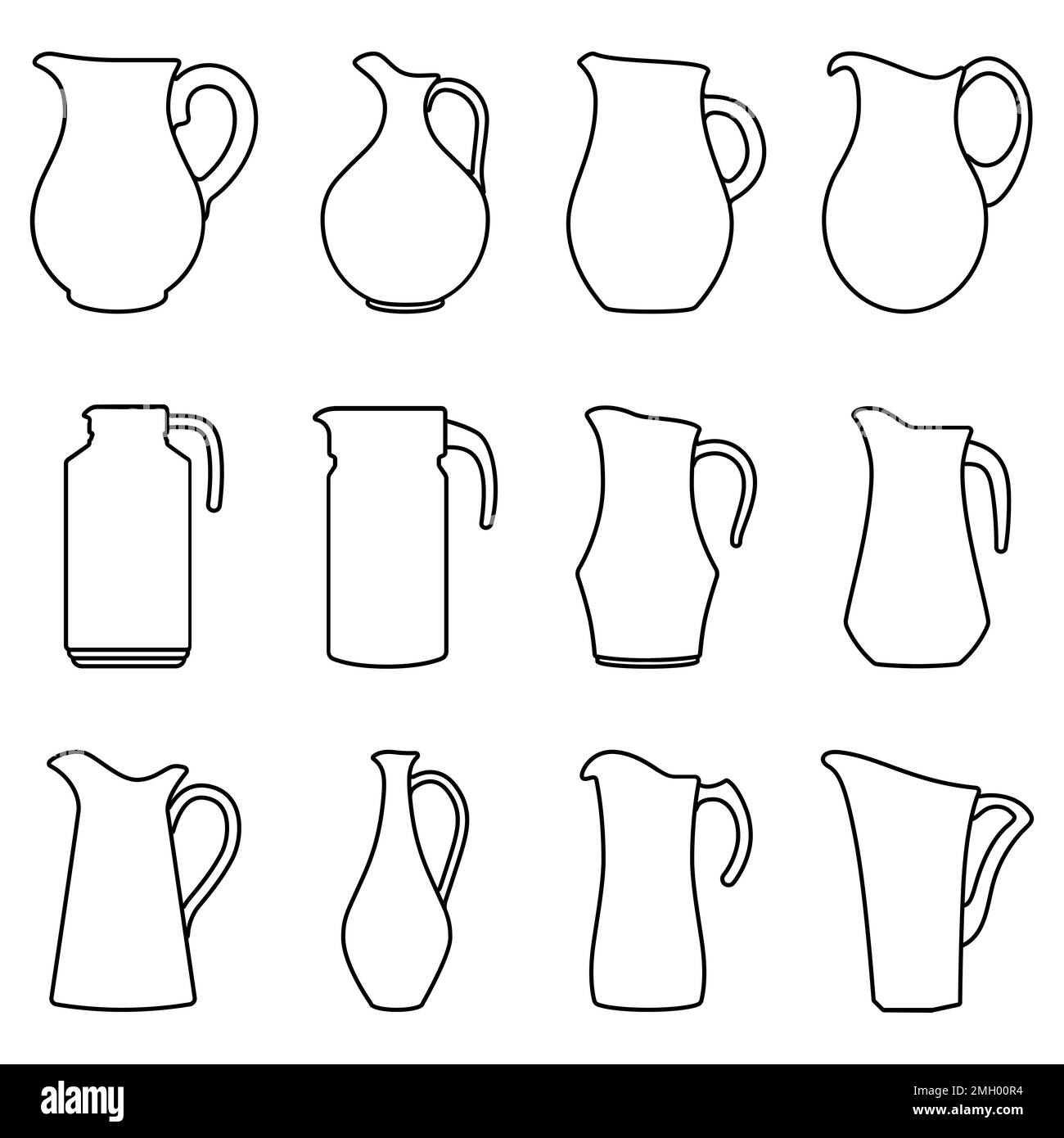 Jug linear icon. Set of jugs silhouettes isolated on white background