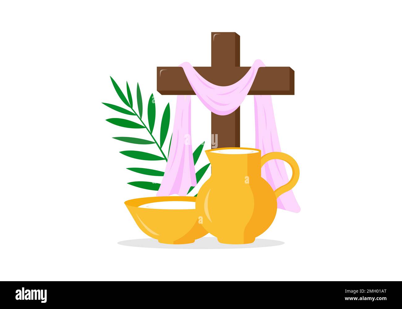 Christian greeting card or banner of the Holy Week before Easter. Holy Week banner with communion, palm branches, cross of Jesus Christ, the bason and ewer with water. Vector illustration Stock Vector