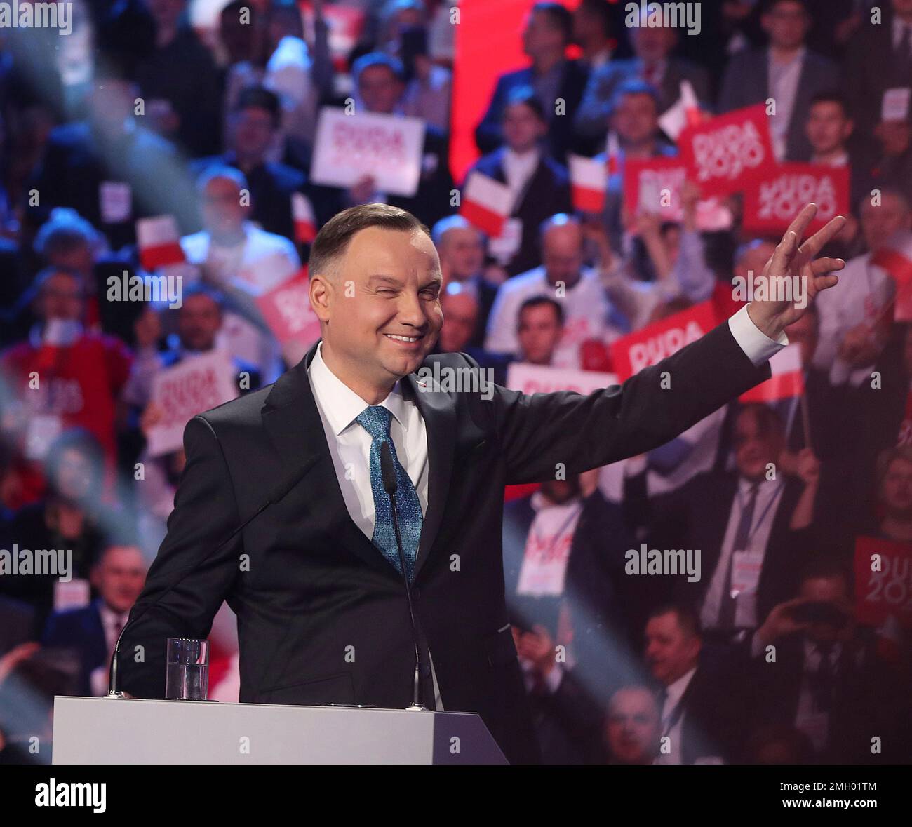 Poland's President Andrzej Duda addresses supporters during a ruling