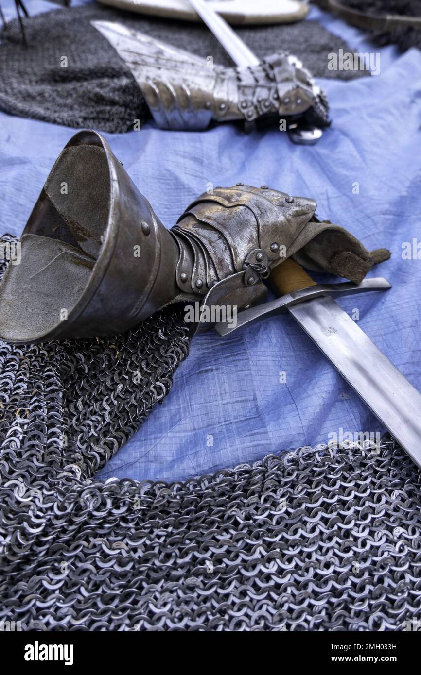 Detail of ancient armor of a medieval warrior, war defense, history Stock Photo