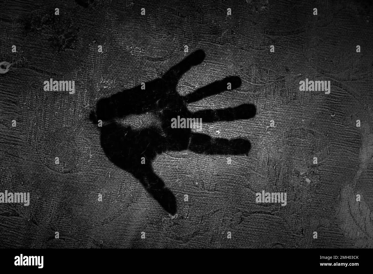 Human hand mark detail on a frozen wooden wall Stock Photo