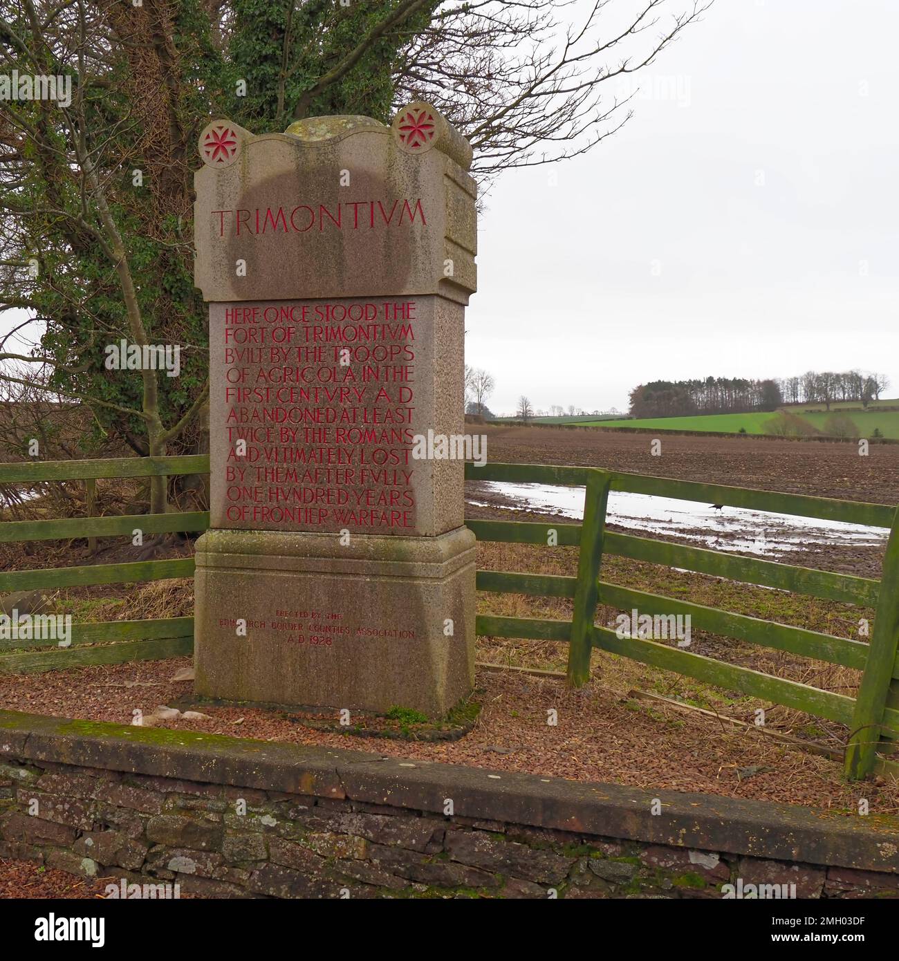 stone marking the Trimontium Roman Fort Site, Newstead near Melrose,Scottish Borders,Scotland,UK Stock Photo