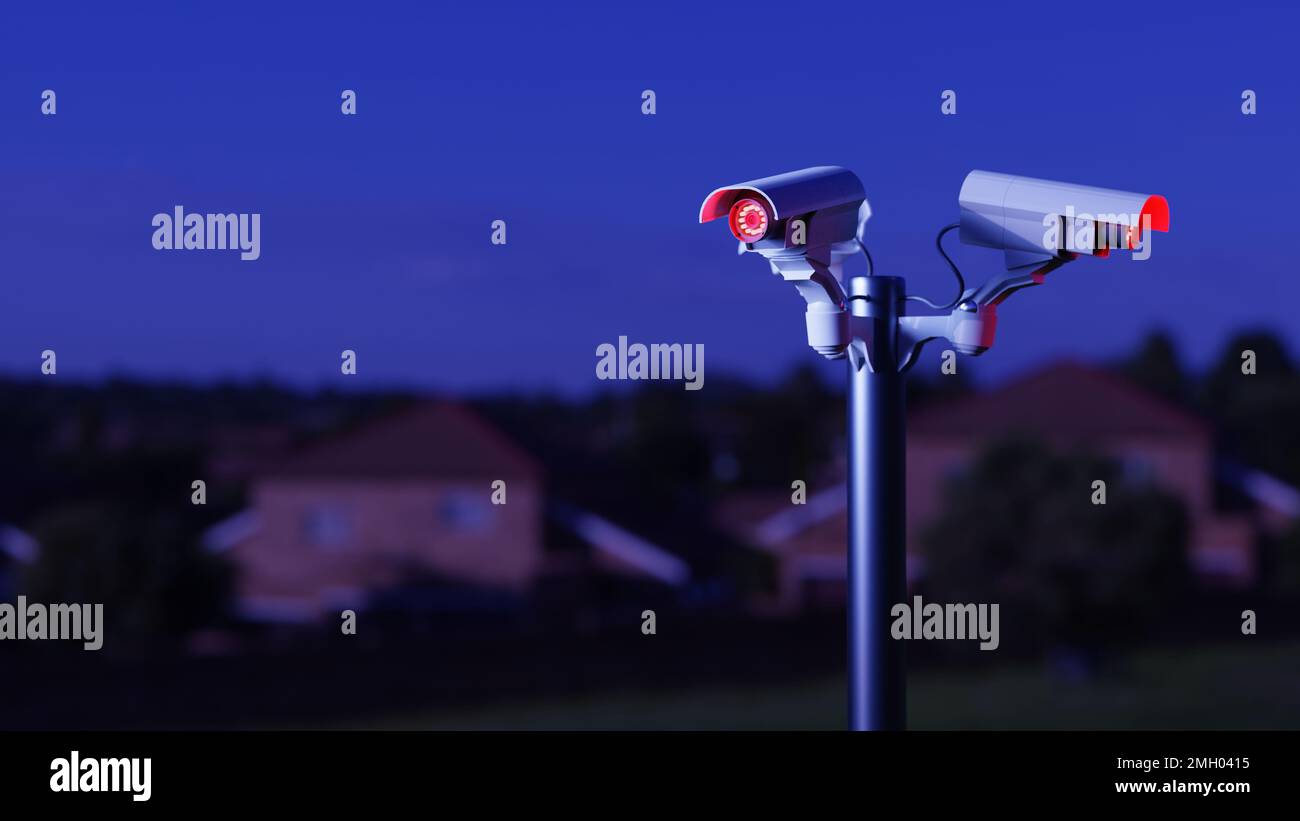 Surveillance cameras in a public space of a residential neighborhood at