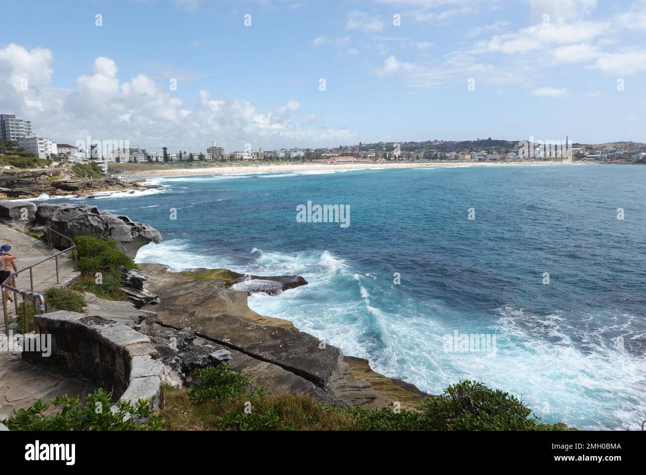 Stunning coastal views looking back to Bondi Beach from the Bondi to Bronte coastal walk, Sydney, NSW, Australia Stock Photo