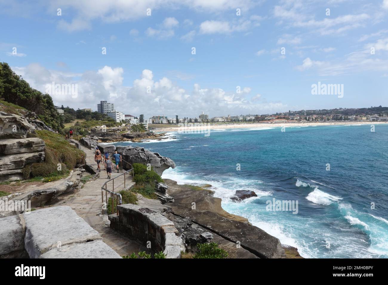 Stunning coastal views looking back to Bondi Beach from the Bondi to Bronte coastal walk, Sydney, NSW, Australia Stock Photo