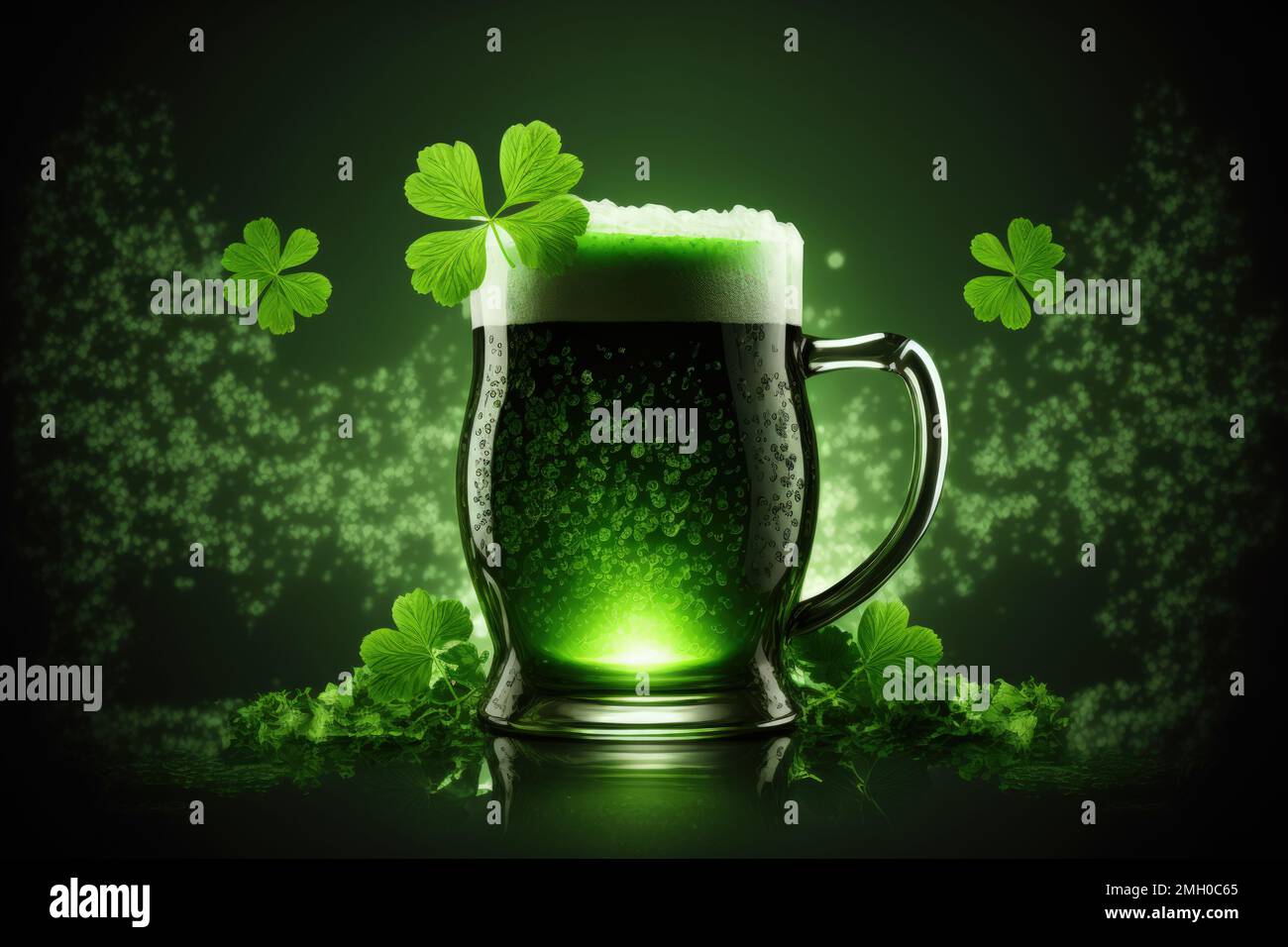 St Patrick's Day green beer with Shamrock and bstract green bokeh background for happy st patrick's day celebration background design Stock Photo