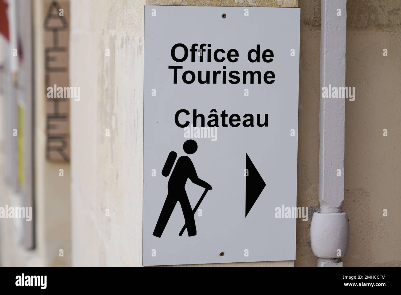 office de tourisme means information center in french country for tourist  and arrow to castle access walk tourism activity Stock Photo - Alamy