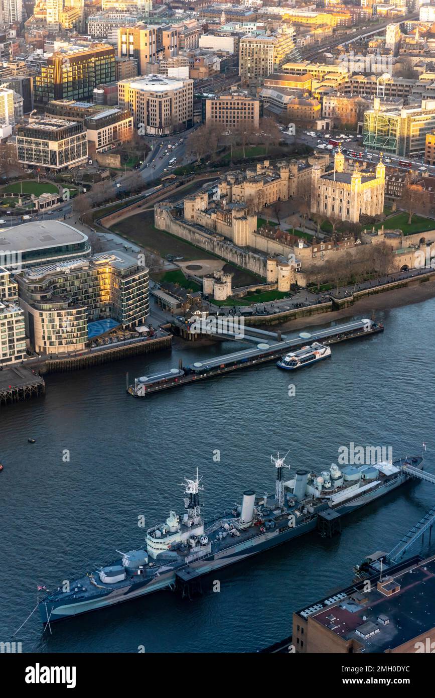 A View of HMS Belfast and The Tower of London, London, UK. Stock Photo