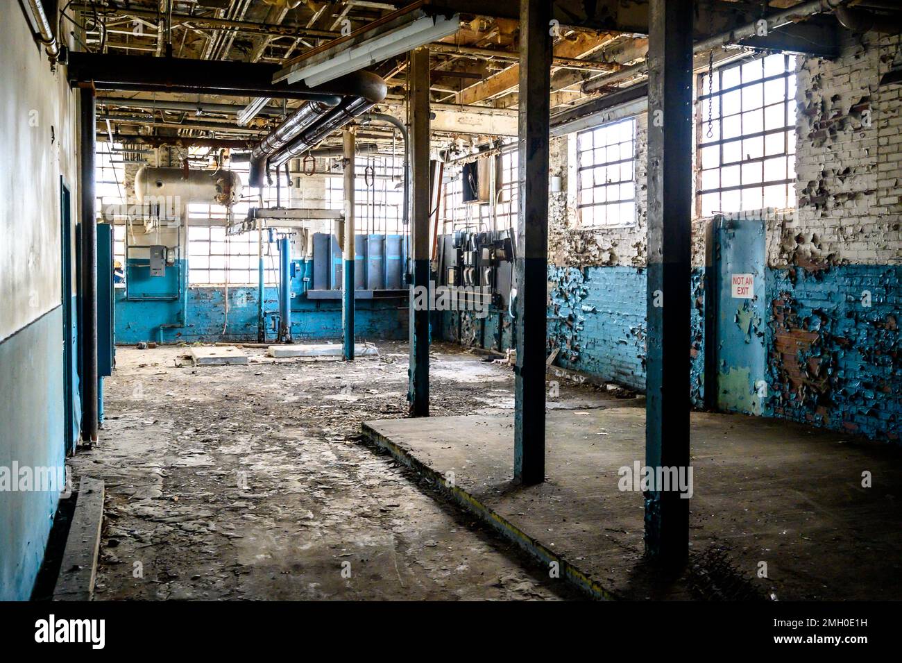 Interior space, abandoned manufacturing facility. Stock Photo