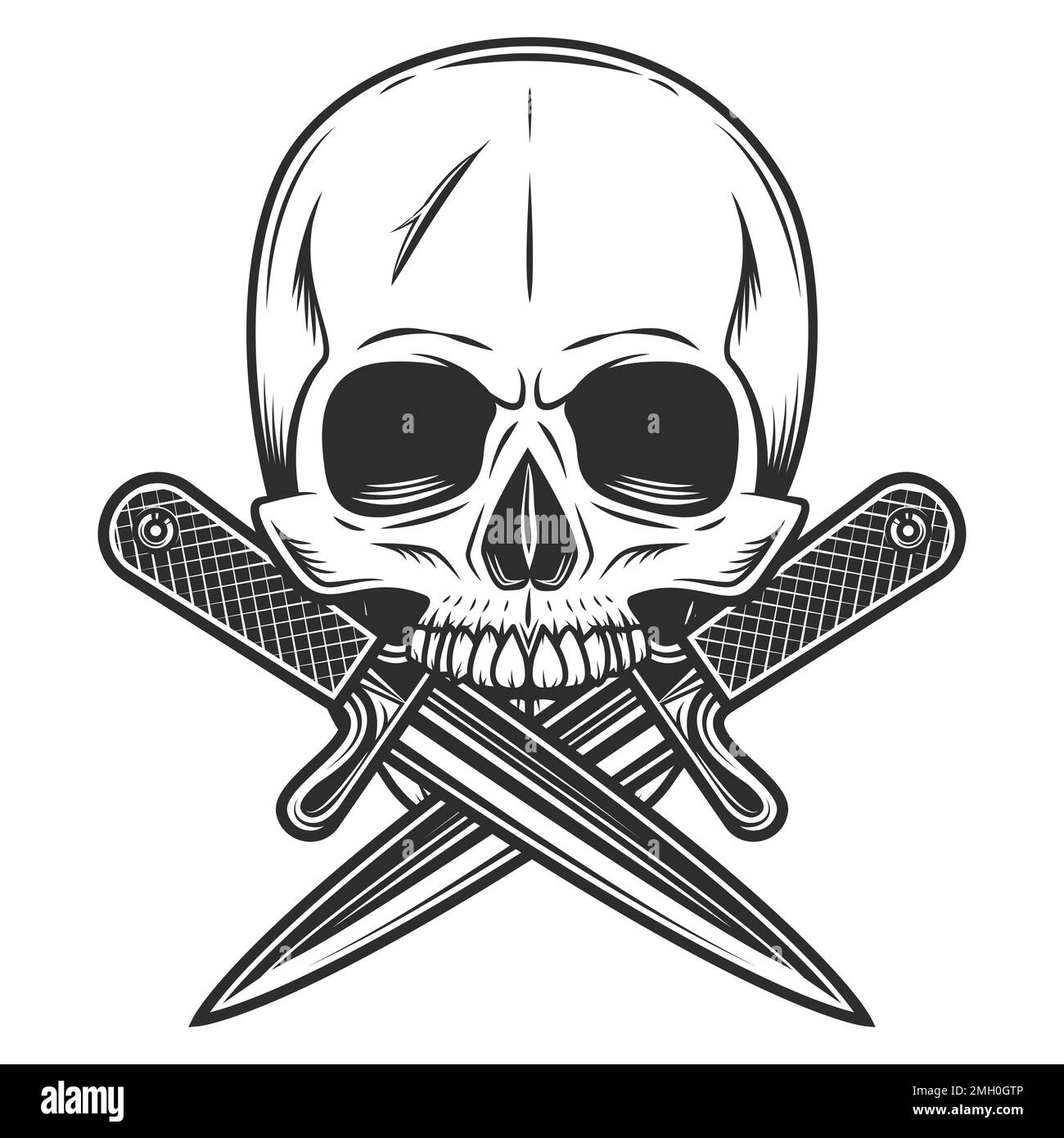Gangster skull with crossed knives in vintage monochrome style isolated vector illustration Stock Vector