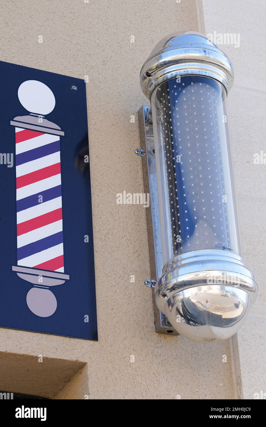 barber round black grey colored pole shop sign silver and classic blue ...