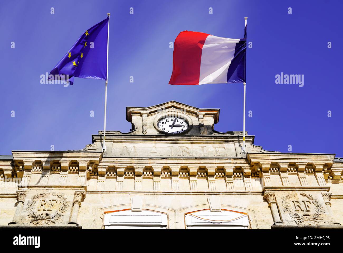 mairie means city hall in french with france and european flag on