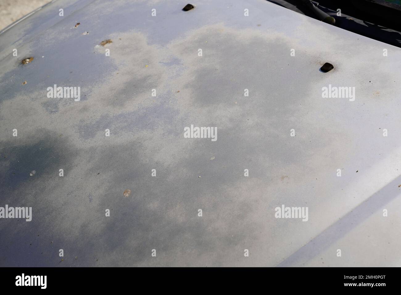 old car engine hood gray with used paint faded grunge on front