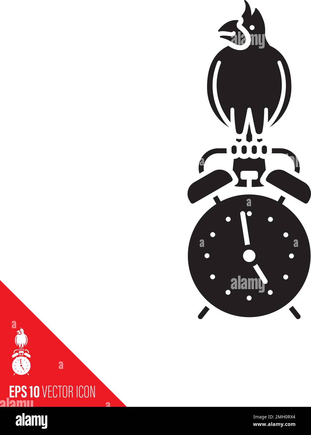 Cardinal bird on classic alarm clock vector glyph icon. Early Bird concept. Stock Vector