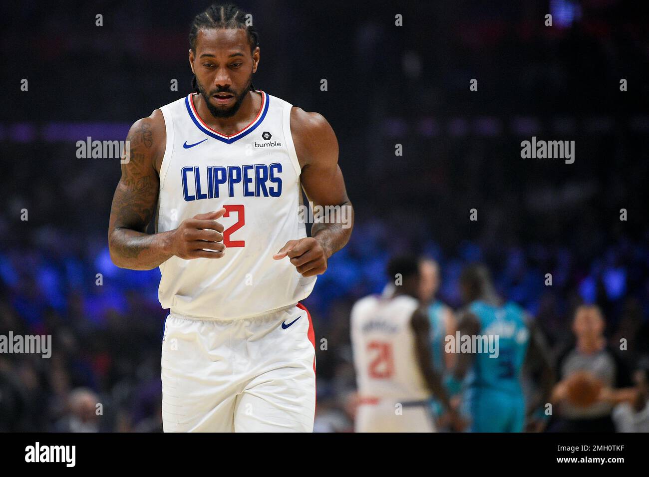 Los Angeles Clippers forward Kawhi Leonard in action during the first half an NBA basketball game against the Charlotte Hornets in Los Angeles, Monday, Oct