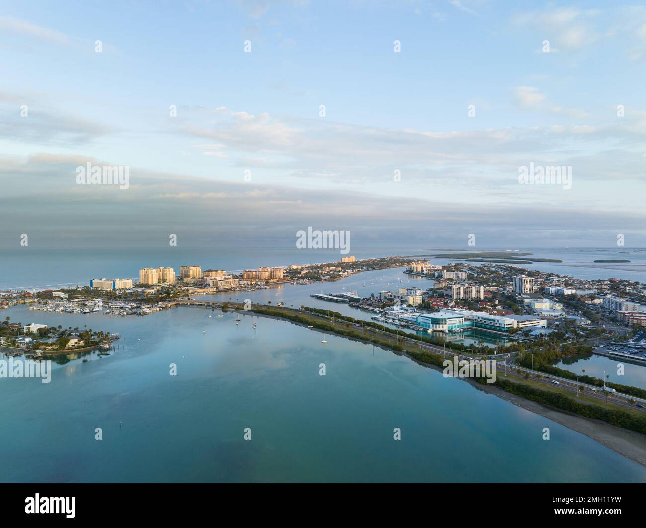 Aerial view of Clearwater Beach with Clearwater Marine Aquarium and