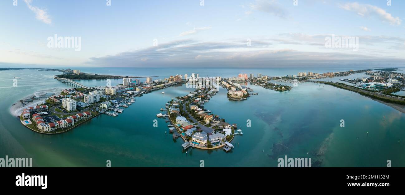 Aerial panorama of Clearwater Beach with Sand Key on the Gulf Coast of Pinellas County, Florida, USA. Stock Photo