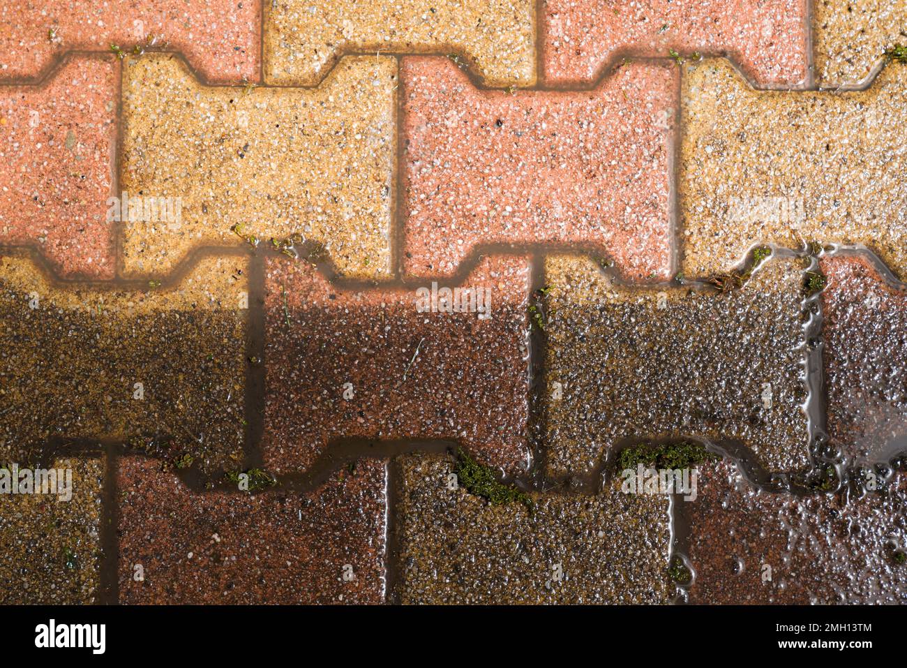 Contrast between dirty patio paving slabs floor clean pressured washed