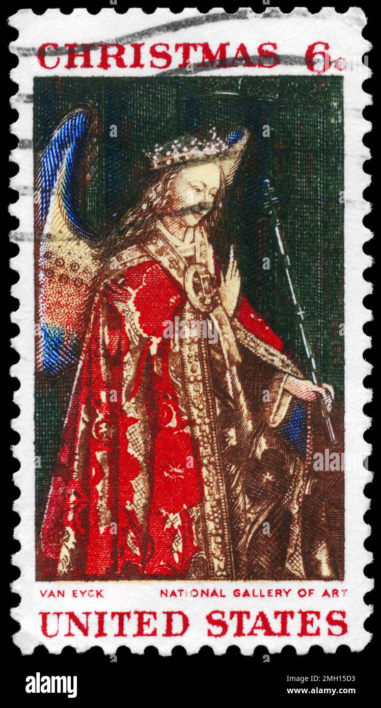 USA - CIRCA 1968: A Stamp printed in USA shows a Gabriel, from “The Annunciation”, by the Flemish artist Jan van Eyck (1395-1441), National Gallery of Stock Photo