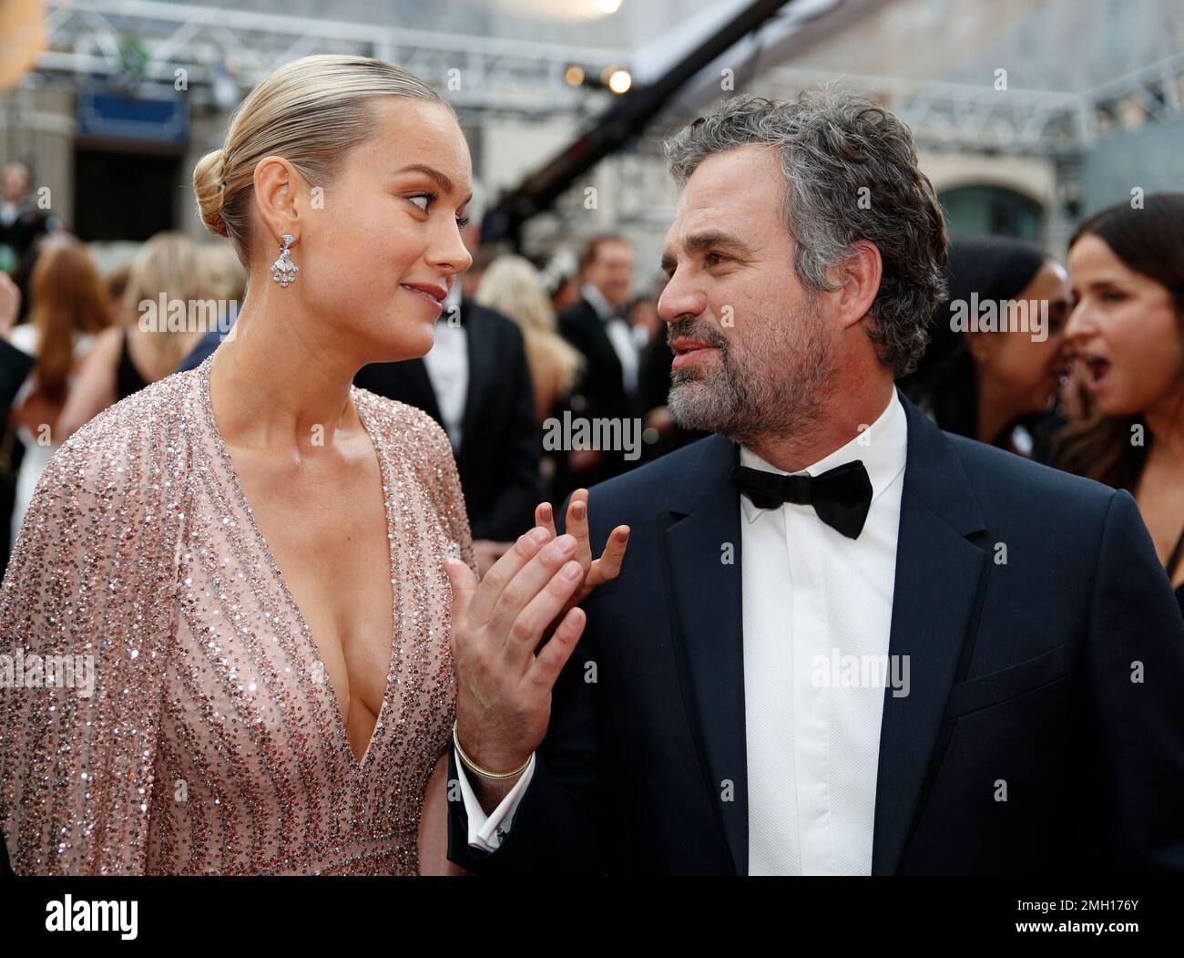 Larsen Ruffalo Brie Larson, left, and Mark Ruffalo arrive at the Oscars on Sunday, Feb ...