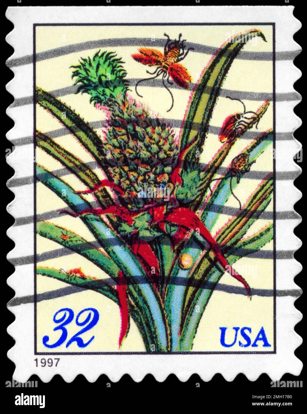 USA - CIRCA 1997: A Stamp printed in USA shows the Flowering Pineapple and Cockroaches, Merian Botanical Prints series, circa 1997 Stock Photo