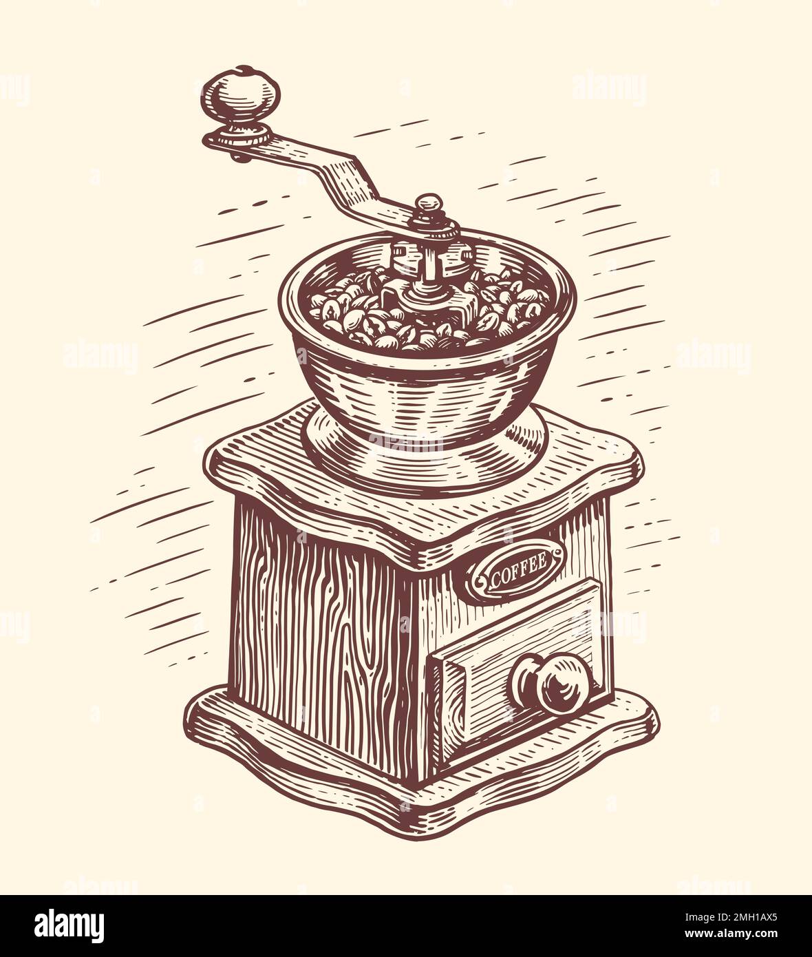 Retro manual coffee grinder with coffee beans, hand drawing sketch