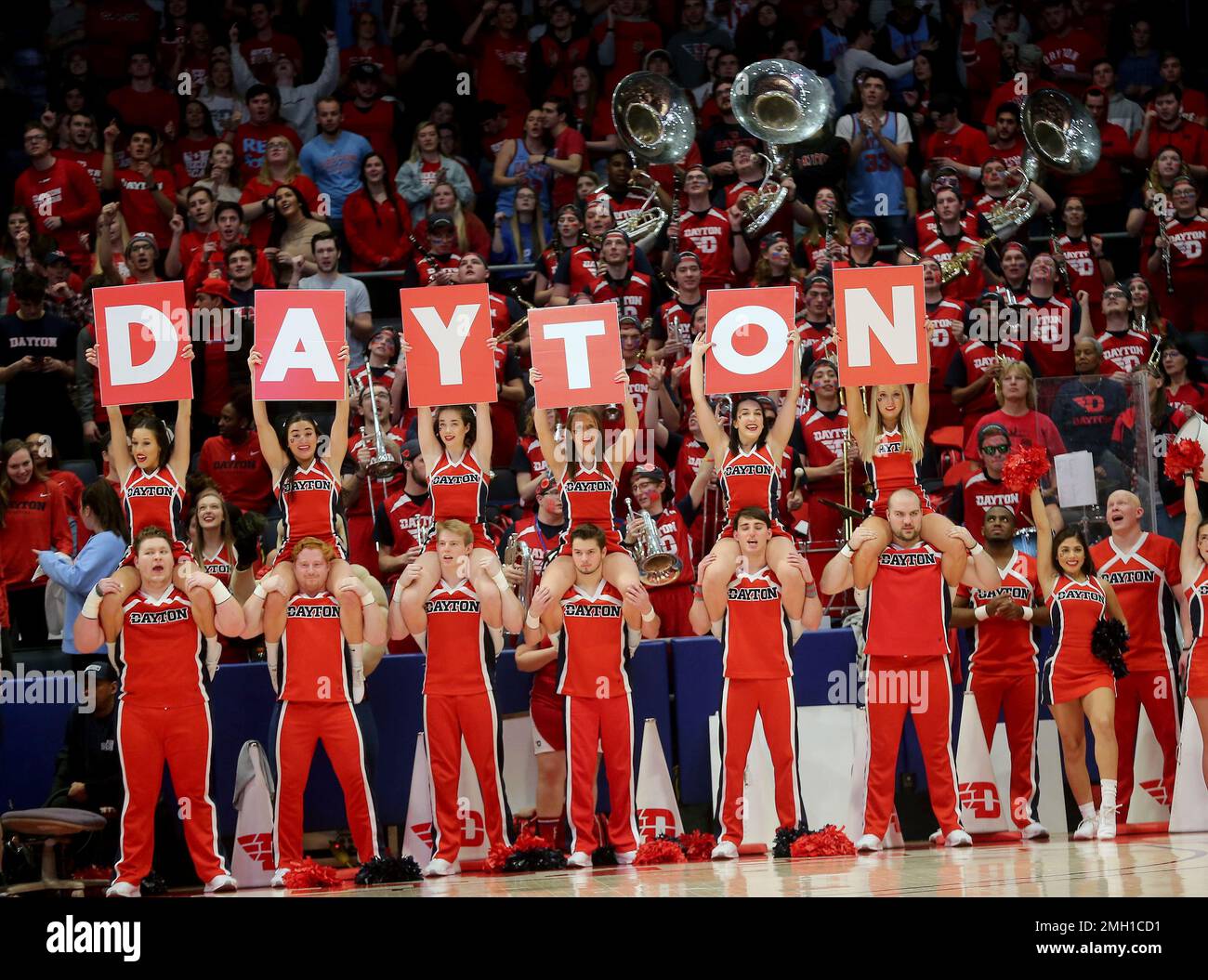 Dayton Flyer cheerleaders during the second half of an NCAA college