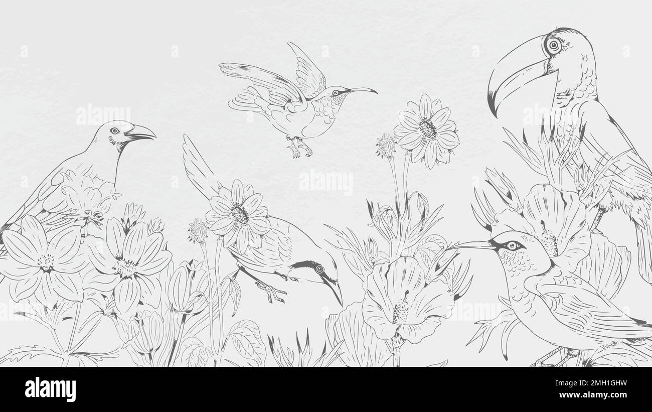 Hand drawn birds and flowers pattern on white background vector Stock Vector