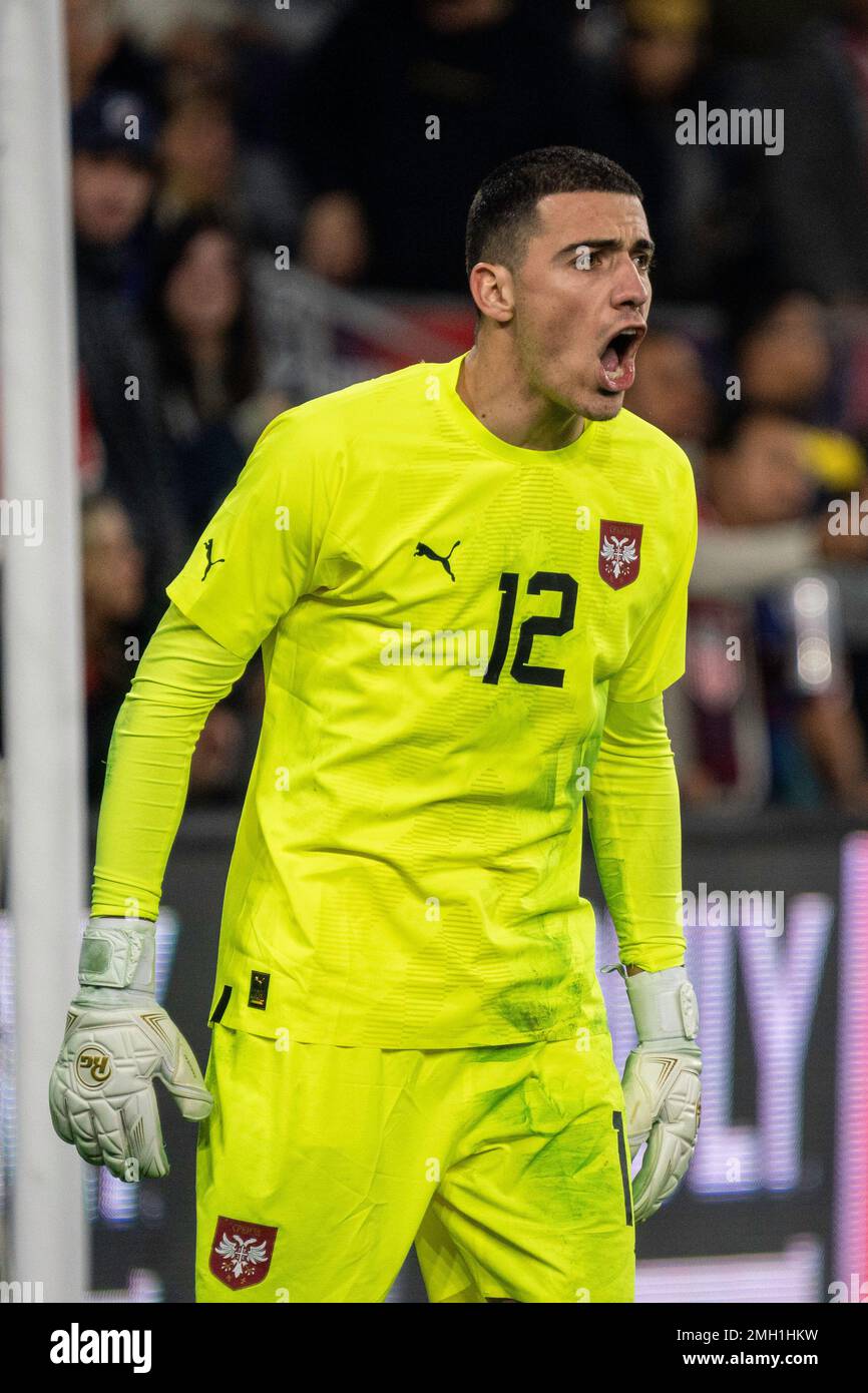 Serbia goalkeeper Dragan Rosić (12) reacts during an international friendly match against the United States of America, Wednesday, January 25, 2023, a Stock Photo