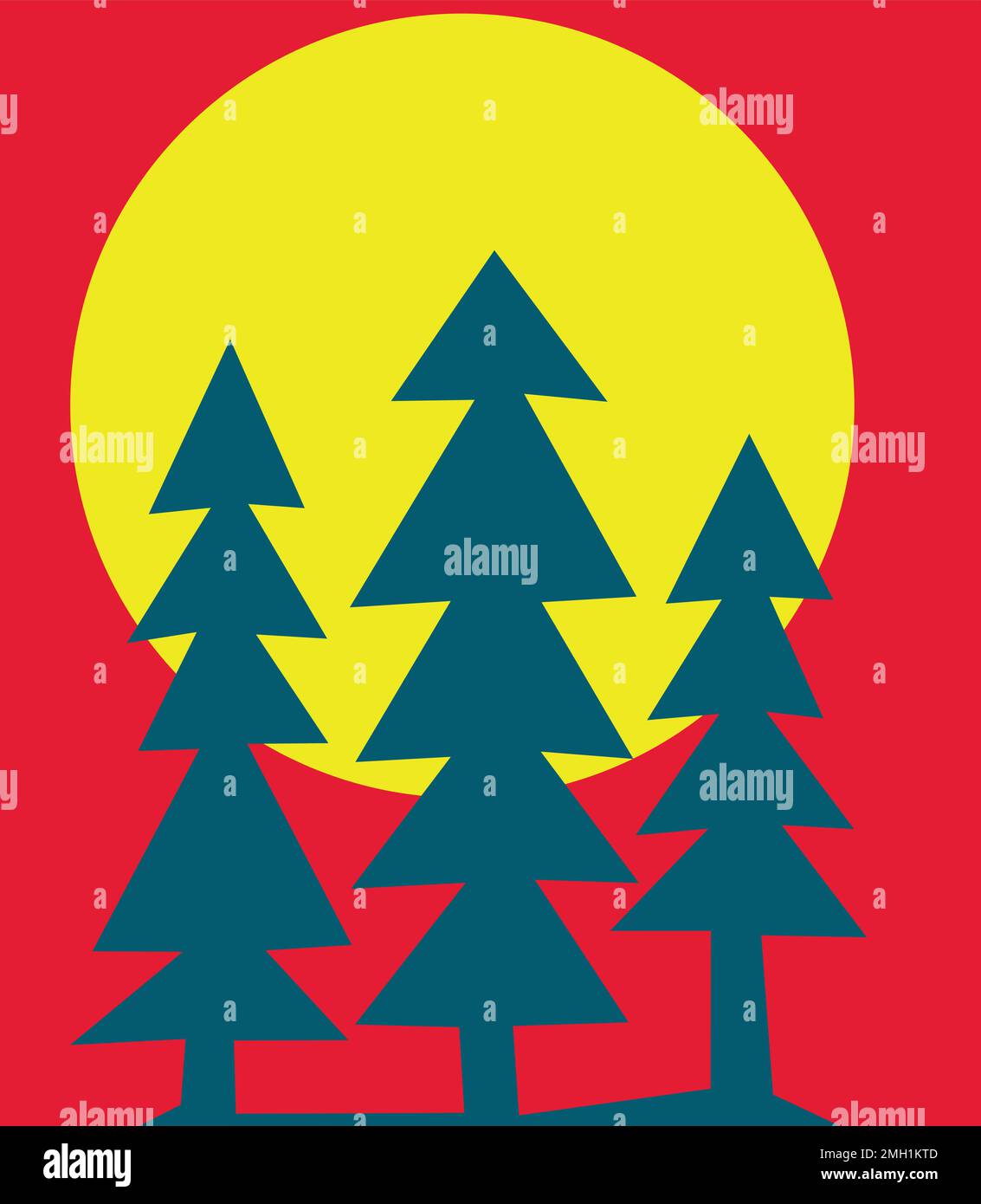 A vertical illustration of three trees with the sun visible in the