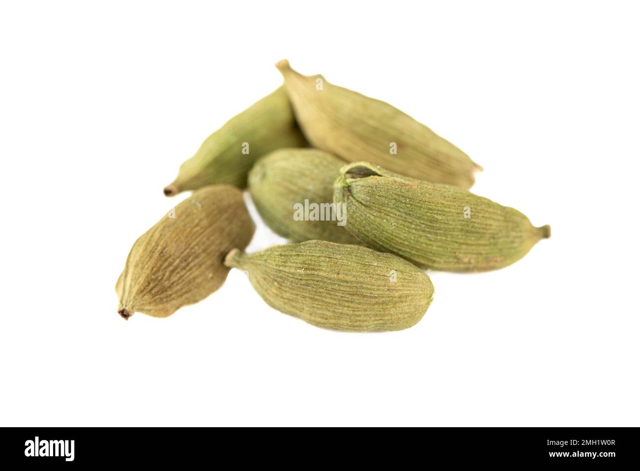 Soft focus on green cardamom pods on white background. The focus is on the front pods, the pods in the background are blurred. Stock Photo