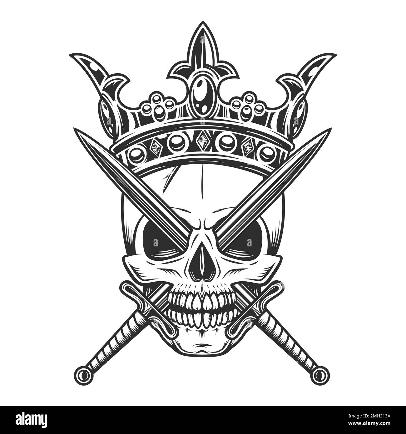 Skull in crown king with crossed swords isolated vector illustration on white background. Vintage crowning, elegant queen or royal king crown Stock Vector