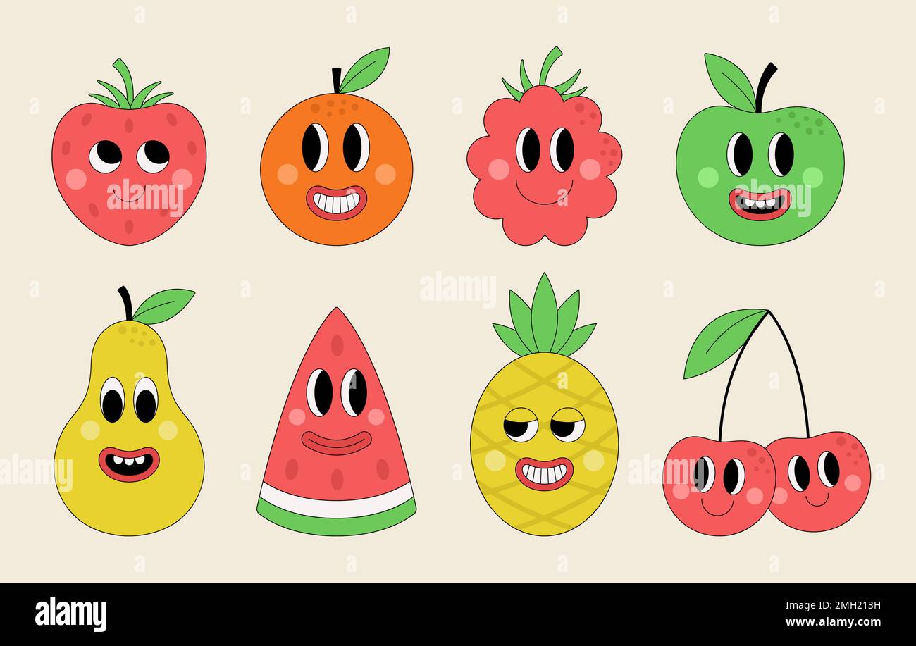 Set of funny groovy fruits. Cute simple character faces. Hippie stickers in trendy retro style. Vector illustration Stock Vector