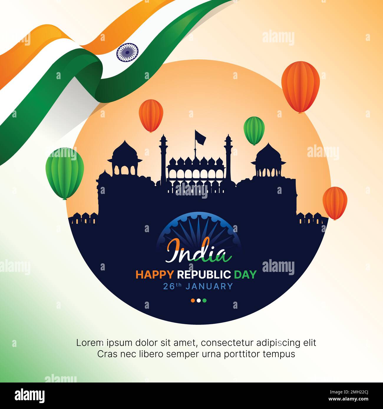 Stock Illustration of 15th August Happy Independence Day of India, tricolor paint brush stroke, flying hot air balloon and famous monuments of India. Stock Vector