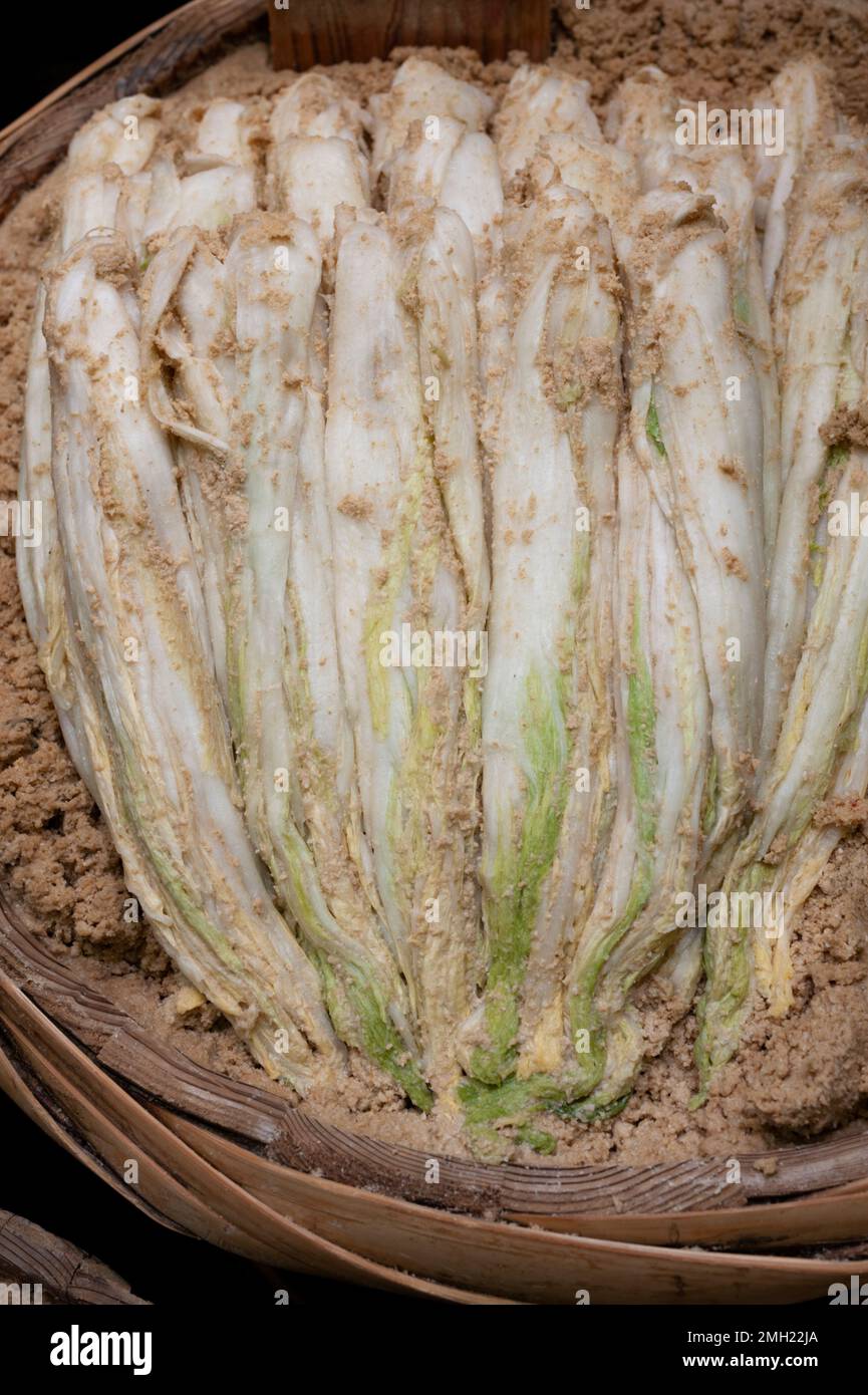 Fermented nukazuke pickles in rice bran for sale at the Nishiki Market